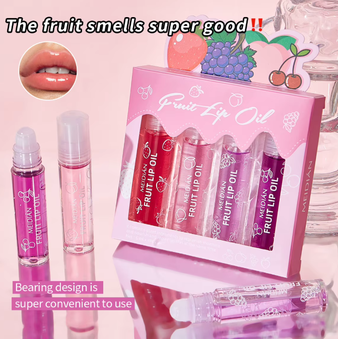 MEDIAN Fruit Lip Oil Roll on Moisturizing Non Sticky Hydrating Water Light Gloss 4 Flavors Portable Lip Care for Dry Lips