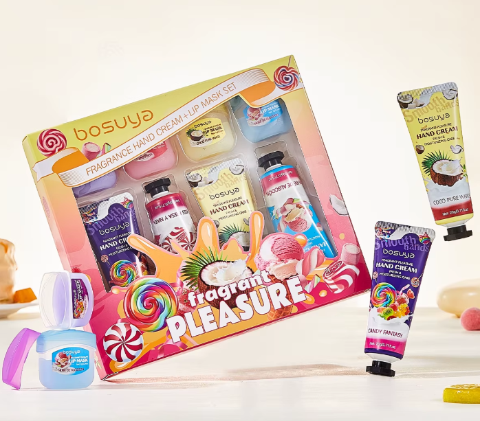 BOSUYA 8Pcs Hand Cream + Lip Mask Set Moisturizing Nourishing Brightening Anti-Wrinkle Repair Dry Cracked Lips Hands Gift Box